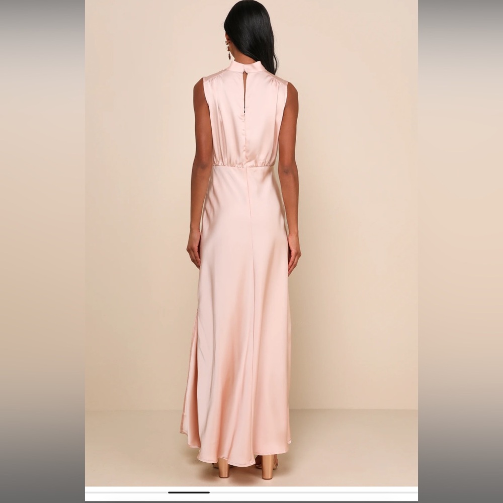 Classic Elegance Blush Satin Sleeveless Mock Neck Maxi Dress - Picture 2 of 6